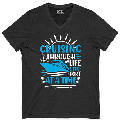 Cruising Through Life Shirt - Nautical Cruise Ship Tee for Travelers (V-Neck) in Dark Grey Heather - Cruising Through Life One Port at a Time Nautical Cruise Shirt