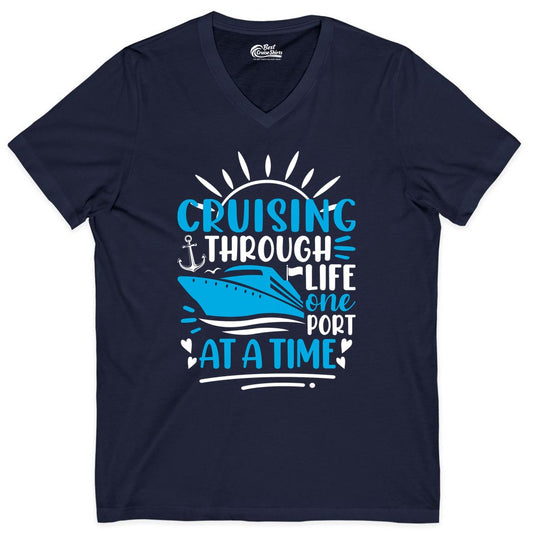 Cruising Through Life Shirt - Nautical Cruise Ship Tee for Travelers (V-Neck) in Navy - Cruising Through Life One Port at a Time Nautical Cruise Shirt