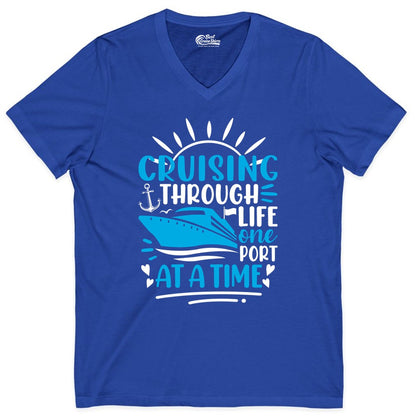Cruising Through Life Shirt - Nautical Cruise Ship Tee for Travelers (V-Neck) in True Royal - Cruising Through Life One Port at a Time Nautical Cruise Shirt