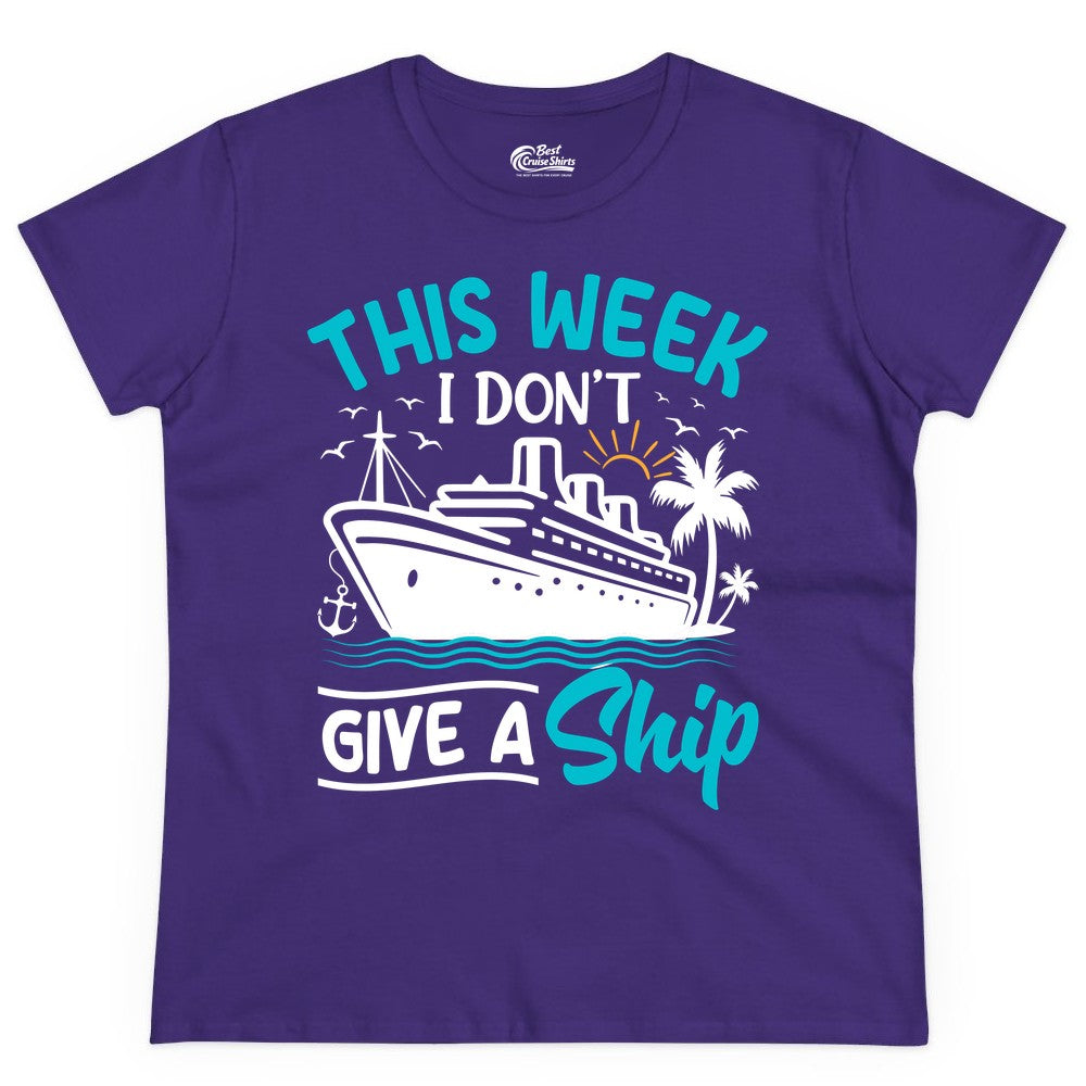 Funny Cruise Shirt - Tropical Vacation Humor Tee for Travelers (Ladies Tee) in Purple - This Week I Don’t Give a Ship Funny Cruise Vacation Shirt