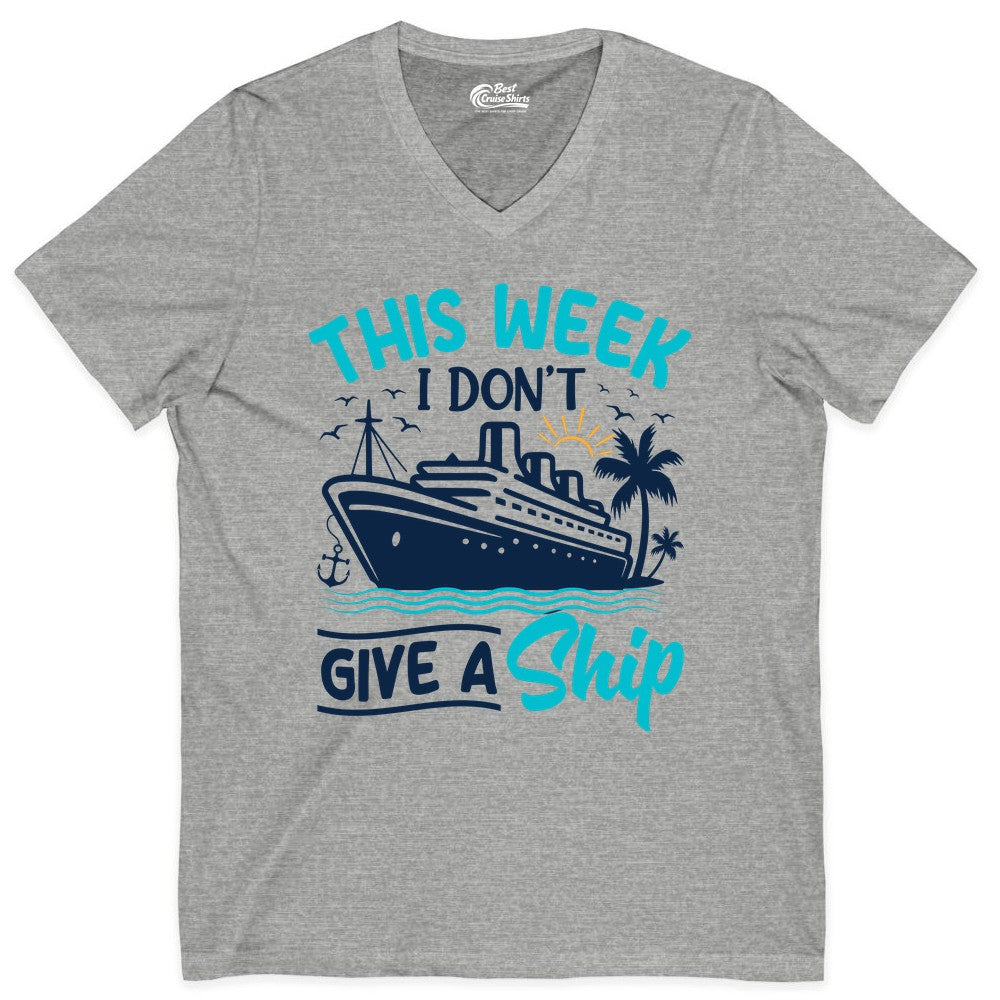Funny Cruise Shirt - Tropical Vacation Humor Tee for Travelers (V-Neck) in Athletic Heather - This Week I Don’t Give a Ship Funny Cruise Vacation Shirt