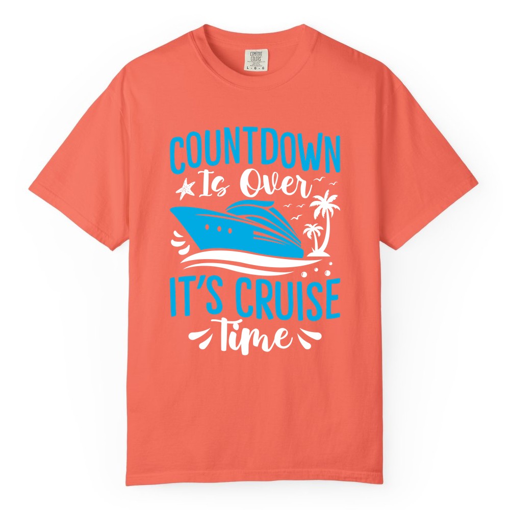 Cruise Vacation Shirt - Fun Family Cruise Apparel for Getaways (Comfort Color) in Bright Salmon - Countdown Is Over It’s Cruise Time Tropical Palm Tree Shirt