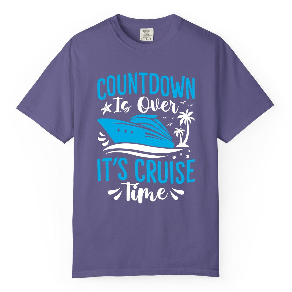 Cruise Vacation Shirt - Fun Family Cruise Apparel for Getaways (Comfort Color) in Grape - Countdown Is Over It’s Cruise Time Tropical Palm Tree Shirt