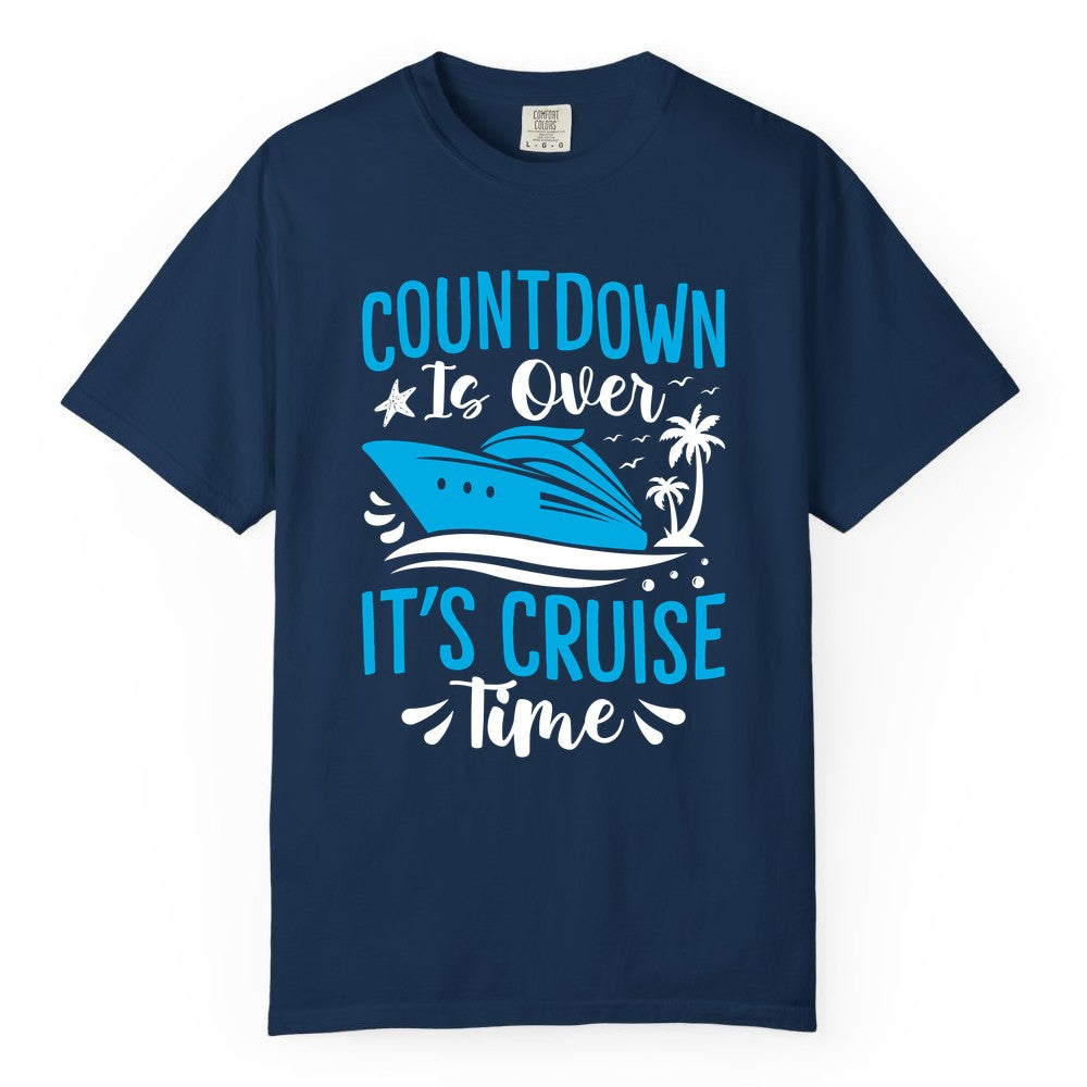 Cruise Vacation Shirt - Fun Family Cruise Apparel for Getaways (Comfort Color) in Navy - Countdown Is Over It’s Cruise Time Tropical Palm Tree Shirt