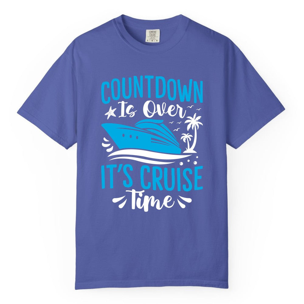 Cruise Vacation Shirt - Fun Family Cruise Apparel for Getaways (Comfort Color) in Periwinkle - Countdown Is Over It’s Cruise Time Tropical Palm Tree Shirt