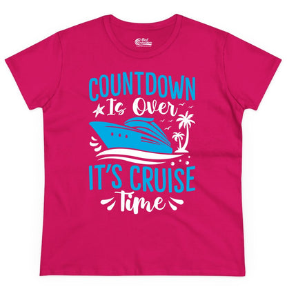 Cruise Vacation Shirt - Fun Family Cruise Apparel for Getaways (Ladies Tee) in Heliconia - Countdown Is Over It’s Cruise Time Tropical Palm Tree Shirt