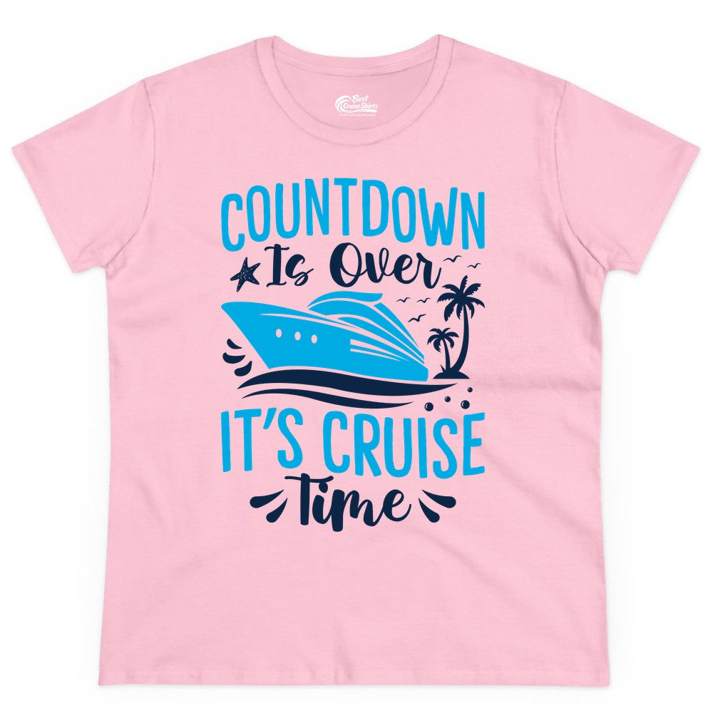 Cruise Vacation Shirt - Fun Family Cruise Apparel for Getaways (Ladies Tee) in Light Pink - Countdown Is Over It’s Cruise Time Tropical Palm Tree Shirt