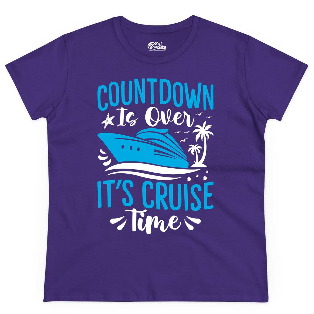 Cruise Vacation Shirt - Fun Family Cruise Apparel for Getaways (Ladies Tee) in Purple - Countdown Is Over It’s Cruise Time Tropical Palm Tree Shirt