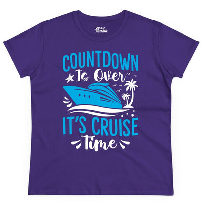 Cruise Vacation Shirt - Fun Family Cruise Apparel for Getaways (Ladies Tee) in Purple - Countdown Is Over It’s Cruise Time Tropical Palm Tree Shirt