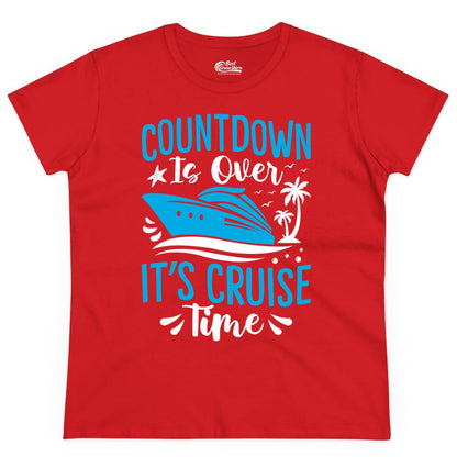 Cruise Vacation Shirt - Fun Family Cruise Apparel for Getaways (Ladies Tee) in Red - Countdown Is Over It’s Cruise Time Tropical Palm Tree Shirt