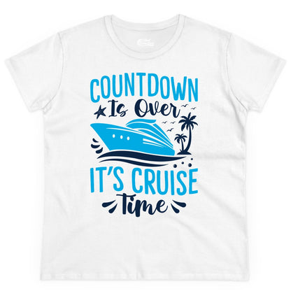 Cruise Vacation Shirt - Fun Family Cruise Apparel for Getaways (Ladies Tee) in White - Countdown Is Over It’s Cruise Time Tropical Palm Tree Shirt