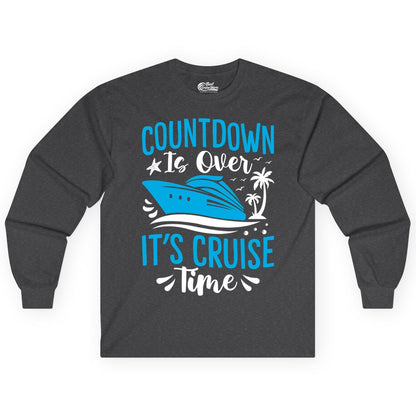 Cruise Vacation Shirt - Fun Family Cruise Apparel for Getaways (Long Sleeve) in Dark Heather - Countdown Is Over It’s Cruise Time Tropical Palm Tree Shirt