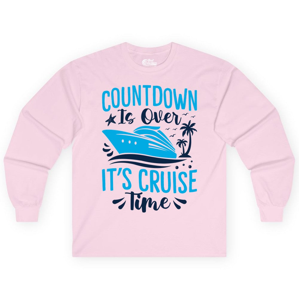 Cruise Vacation Shirt - Fun Family Cruise Apparel for Getaways (Long Sleeve) in Light Pink - Countdown Is Over It’s Cruise Time Tropical Palm Tree Shirt