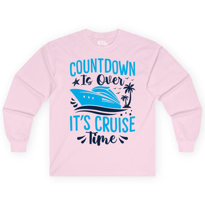 Cruise Vacation Shirt - Fun Family Cruise Apparel for Getaways (Long Sleeve) in Light Pink - Countdown Is Over It’s Cruise Time Tropical Palm Tree Shirt