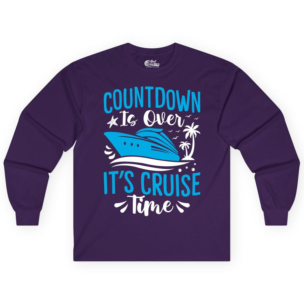Cruise Vacation Shirt - Fun Family Cruise Apparel for Getaways (Long Sleeve) in Purple - Countdown Is Over It’s Cruise Time Tropical Palm Tree Shirt