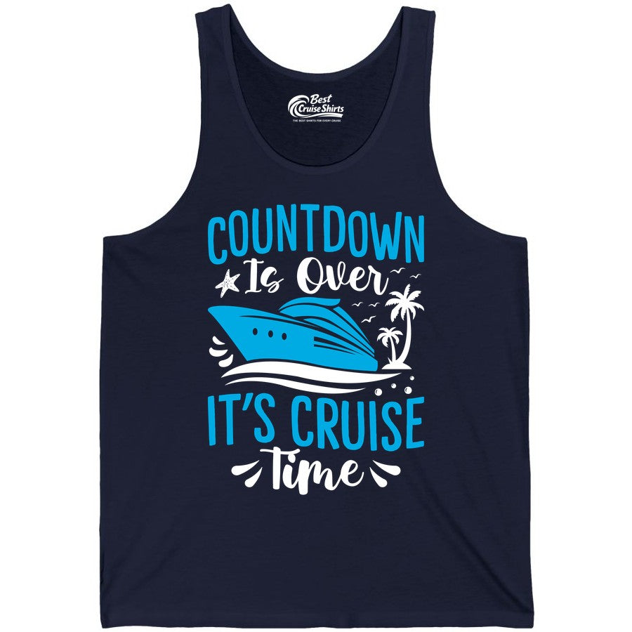 Cruise Vacation Shirt - Fun Family Cruise Apparel for Getaways (Tank Top) in Navy - Countdown Is Over It’s Cruise Time Tropical Palm Tree Shirt