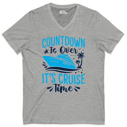 Cruise Vacation Shirt - Fun Family Cruise Apparel for Getaways (V-Neck) in Athletic Heather - Countdown Is Over It’s Cruise Time Tropical Palm Tree Shirt