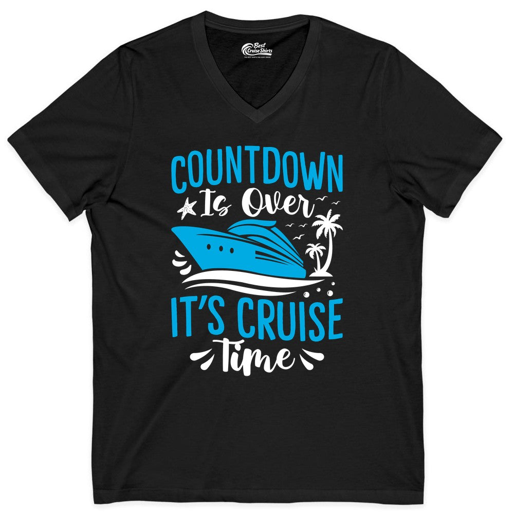 Cruise Vacation Shirt - Fun Family Cruise Apparel for Getaways (V-Neck) in Black - Countdown Is Over It’s Cruise Time Tropical Palm Tree Shirt
