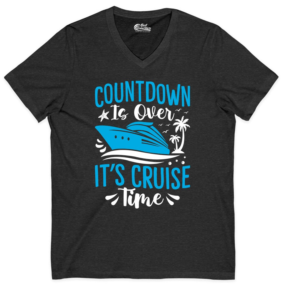 Cruise Vacation Shirt - Fun Family Cruise Apparel for Getaways (V-Neck) in Dark Grey Heather - Countdown Is Over It’s Cruise Time Tropical Palm Tree Shirt