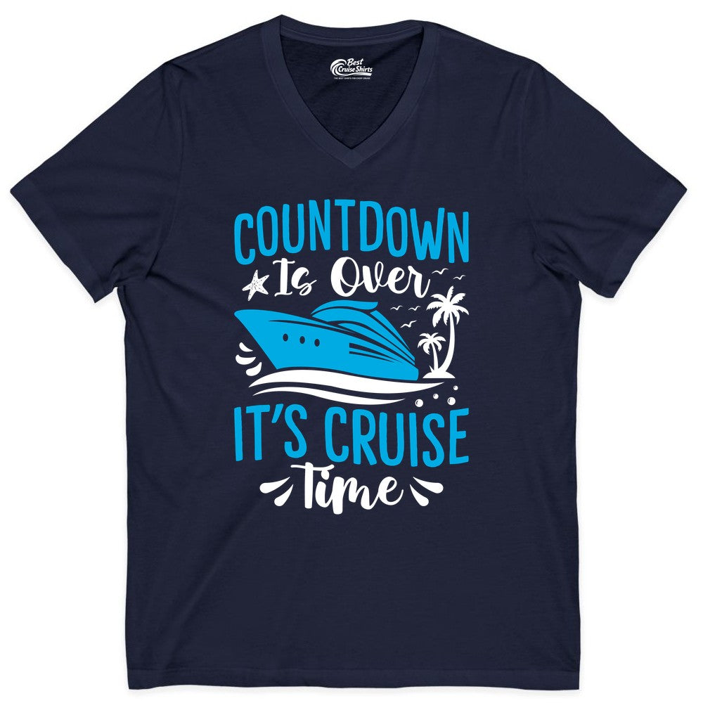 Cruise Vacation Shirt - Fun Family Cruise Apparel for Getaways (V-Neck) in Navy - Countdown Is Over It’s Cruise Time Tropical Palm Tree Shirt