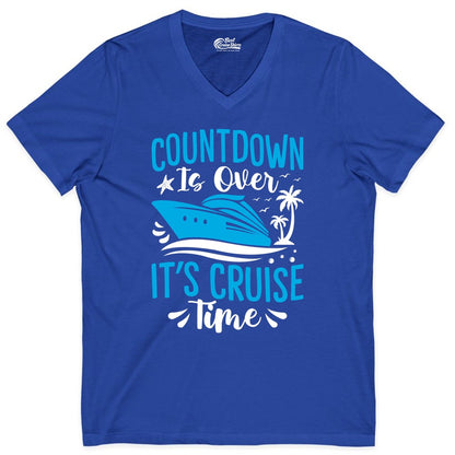 Cruise Vacation Shirt - Fun Family Cruise Apparel for Getaways (V-Neck) in True Royal - Countdown Is Over It’s Cruise Time Tropical Palm Tree Shirt