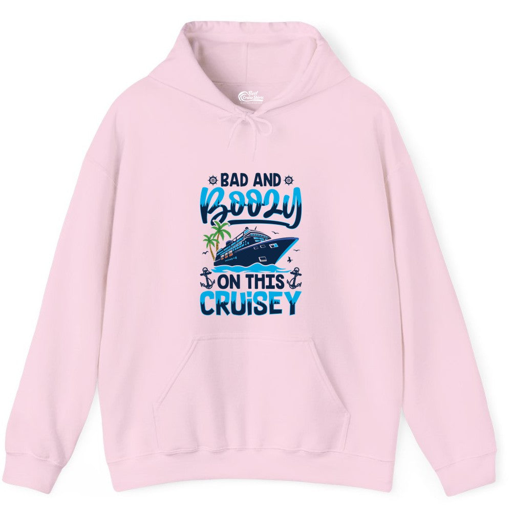 Bad and Boozy Cruise Shirt - Funny Cruise Party Apparel for Adults (Hoodie) in Light Pink - Bad and Boozy Cruise Shirt - Funny Tropical Drinking Party Tee