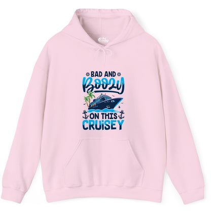 Bad and Boozy Cruise Shirt - Funny Cruise Party Apparel for Adults (Hoodie) in Light Pink - Bad and Boozy Cruise Shirt - Funny Tropical Drinking Party Tee