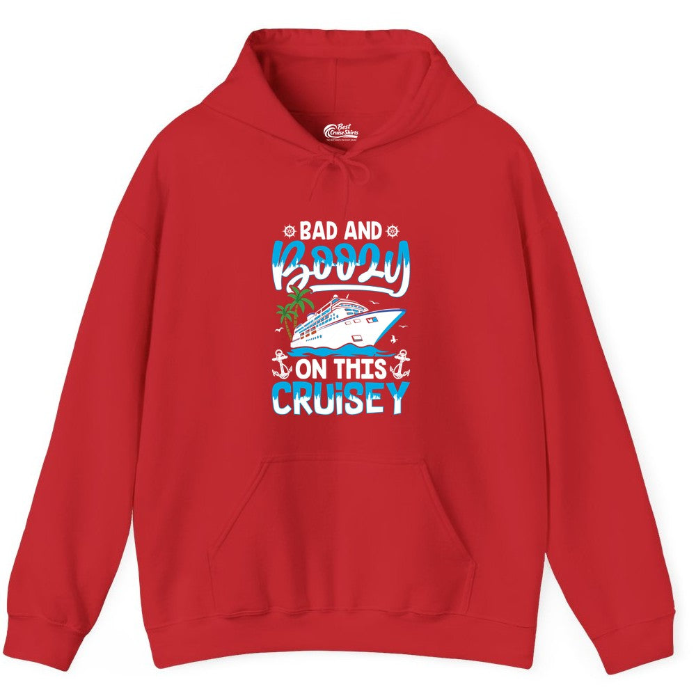 Bad and Boozy Cruise Shirt - Funny Cruise Party Apparel for Adults (Hoodie) in Red - Bad and Boozy Cruise Shirt - Funny Tropical Drinking Party Tee