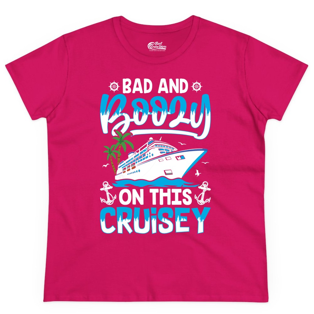 Bad and Boozy Cruise Shirt - Funny Cruise Party Apparel for Adults (Ladies Tee) in Heliconia - Bad and Boozy Cruise Shirt - Funny Tropical Drinking Party Tee