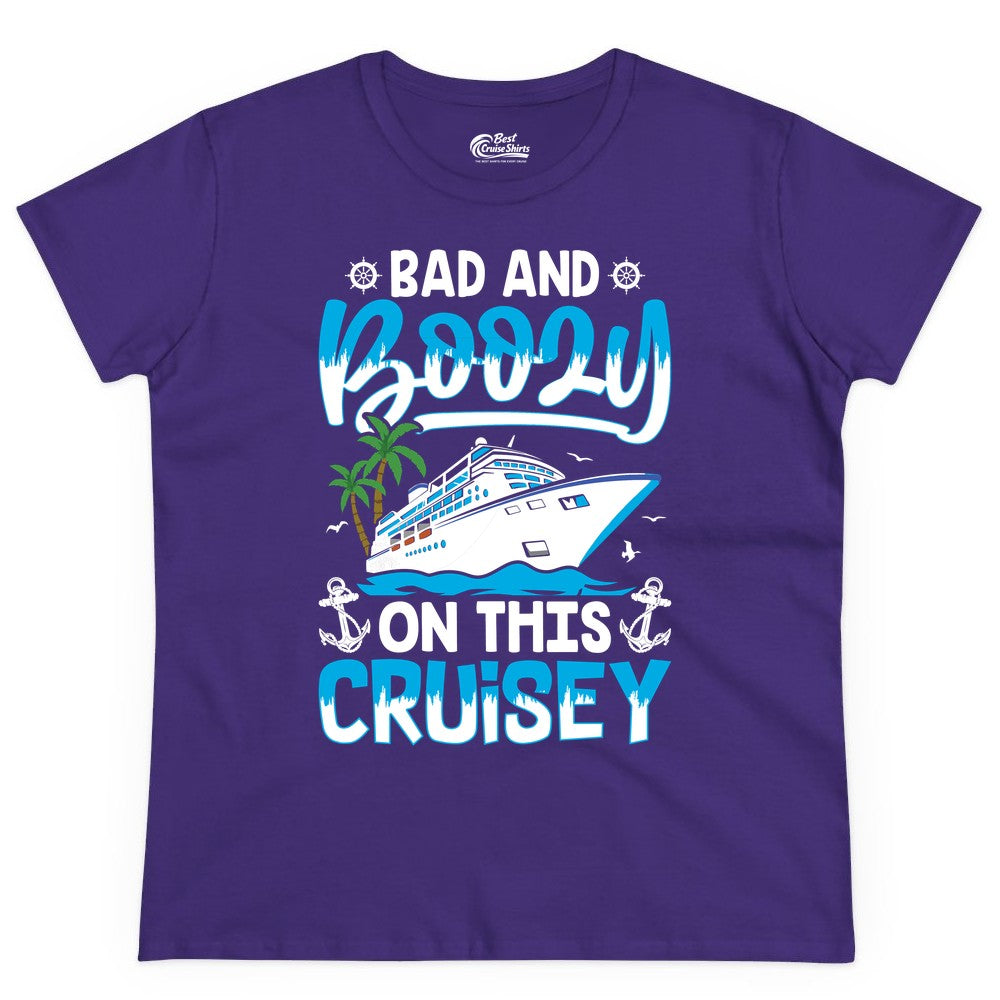 Bad and Boozy Cruise Shirt - Funny Cruise Party Apparel for Adults (Ladies Tee) in Purple - Bad and Boozy Cruise Shirt - Funny Tropical Drinking Party Tee