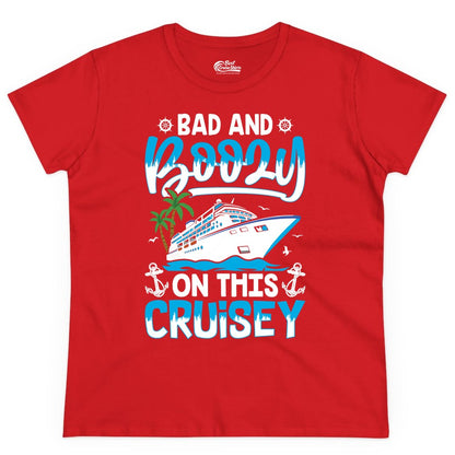 Bad and Boozy Cruise Shirt - Funny Cruise Party Apparel for Adults (Ladies Tee) in Red - Bad and Boozy Cruise Shirt - Funny Tropical Drinking Party Tee