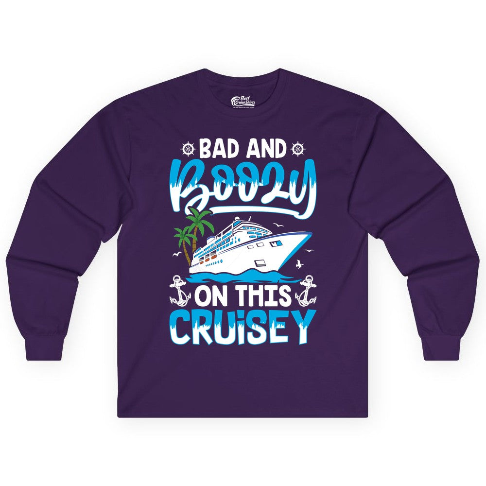 Bad and Boozy Cruise Shirt - Funny Cruise Party Apparel for Adults (Long Sleeve) in Purple - Bad and Boozy Cruise Shirt - Funny Tropical Drinking Party Tee
