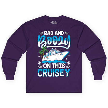Bad and Boozy Cruise Shirt - Funny Cruise Party Apparel for Adults (Long Sleeve) in Purple - Bad and Boozy Cruise Shirt - Funny Tropical Drinking Party Tee