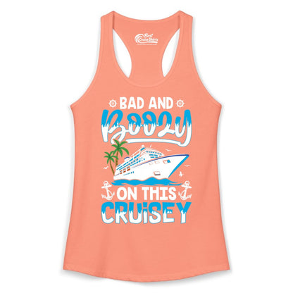 Bad and Boozy Cruise Shirt - Funny Cruise Party Apparel for Adults (Ladies Tank) in Solid Light Orange - Bad and Boozy Cruise Shirt - Funny Tropical Drinking Party Tee