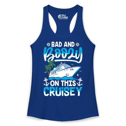 Bad and Boozy Cruise Shirt - Funny Cruise Party Apparel for Adults (Ladies Tank) in Solid Royal - Bad and Boozy Cruise Shirt - Funny Tropical Drinking Party Tee