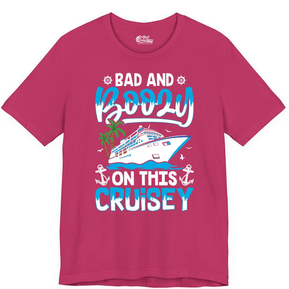Bad and Boozy Cruise Shirt - Funny Cruise Party Apparel for Adults (Premium Tee) in Berry - Bad and Boozy Cruise Shirt - Funny Tropical Drinking Party Tee