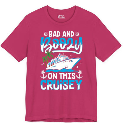 Bad and Boozy Cruise Shirt - Funny Cruise Party Apparel for Adults (Premium Tee) in Berry - Bad and Boozy Cruise Shirt - Funny Tropical Drinking Party Tee