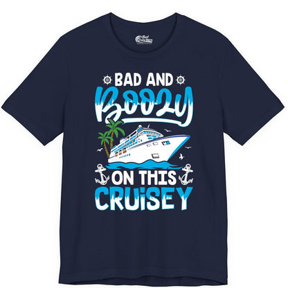 Bad and Boozy Cruise Shirt - Funny Cruise Party Apparel for Adults (Premium Tee) in Navy - Bad and Boozy Cruise Shirt - Funny Tropical Drinking Party Tee