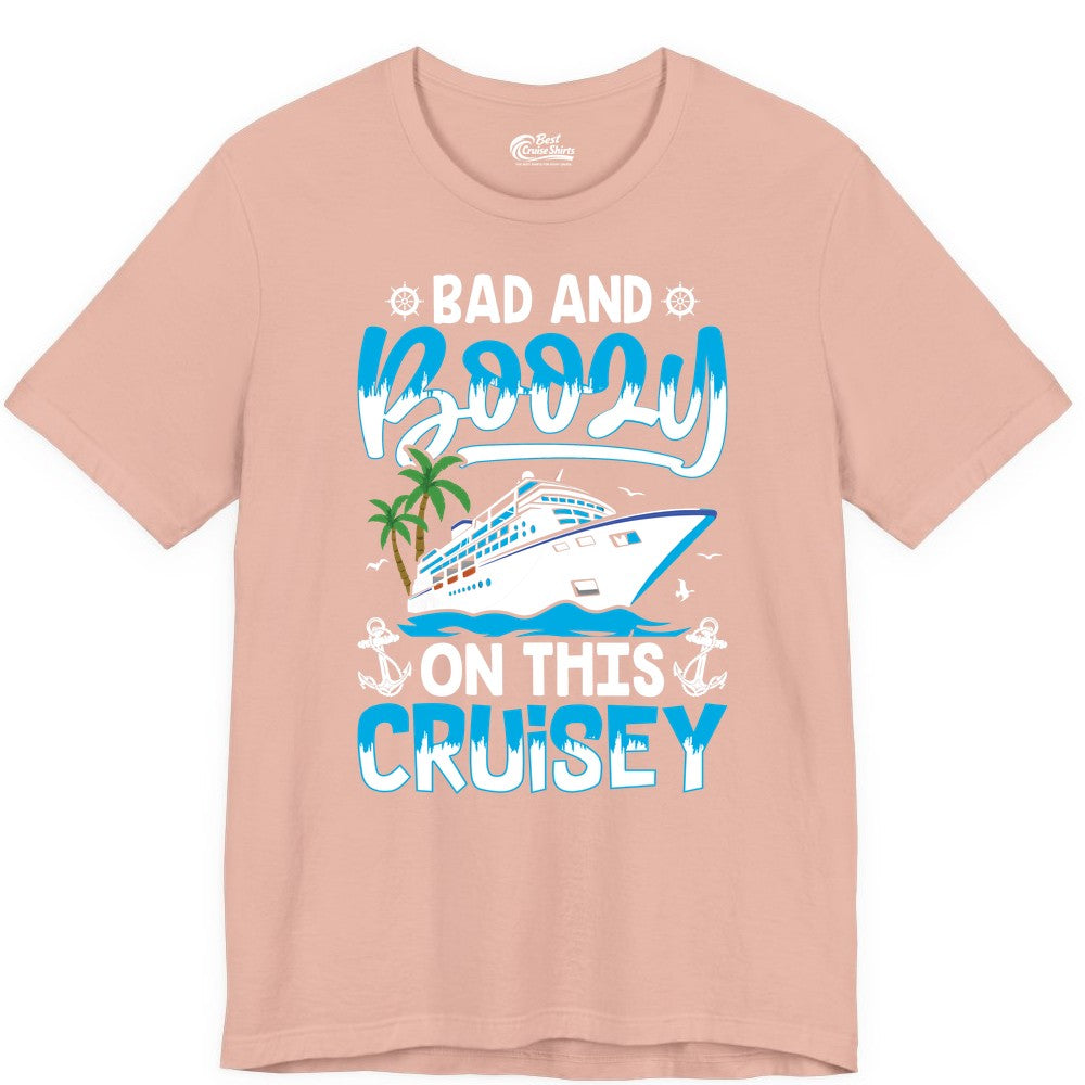 Bad and Boozy Cruise Shirt - Funny Cruise Party Apparel for Adults (Premium Tee) in Peach - Bad and Boozy Cruise Shirt - Funny Tropical Drinking Party Tee