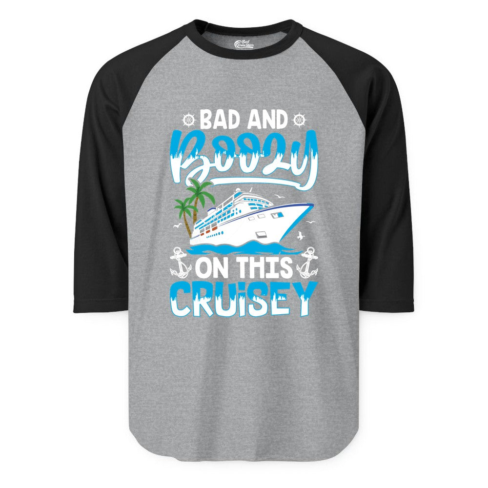 Bad and Boozy Cruise Shirt - Funny Cruise Party Apparel for Adults (Raglan) in Heather GreyBlack - Bad and Boozy Cruise Shirt - Funny Tropical Drinking Party Tee