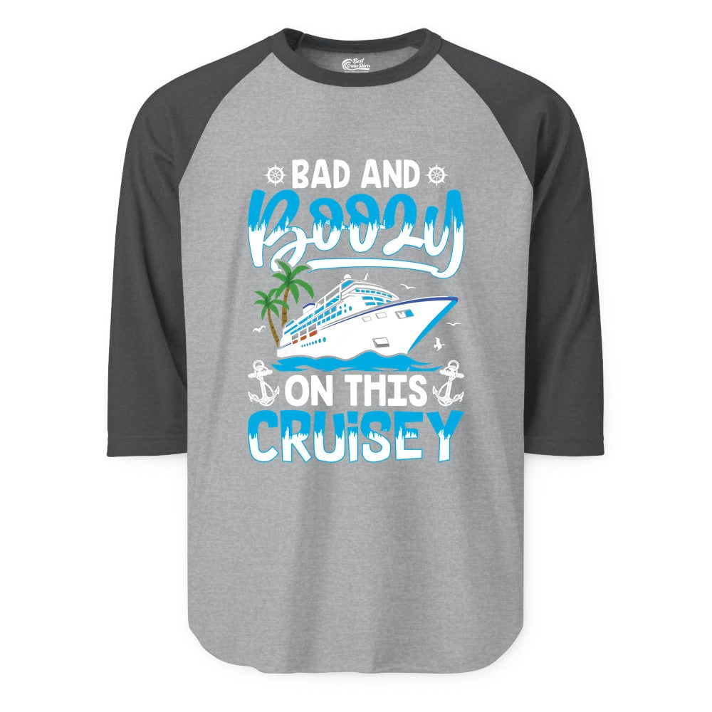 Bad and Boozy Cruise Shirt - Funny Cruise Party Apparel for Adults (Raglan) in Heather GreyHeather Charcoal - Bad and Boozy Cruise Shirt - Funny Tropical Drinking Party Tee