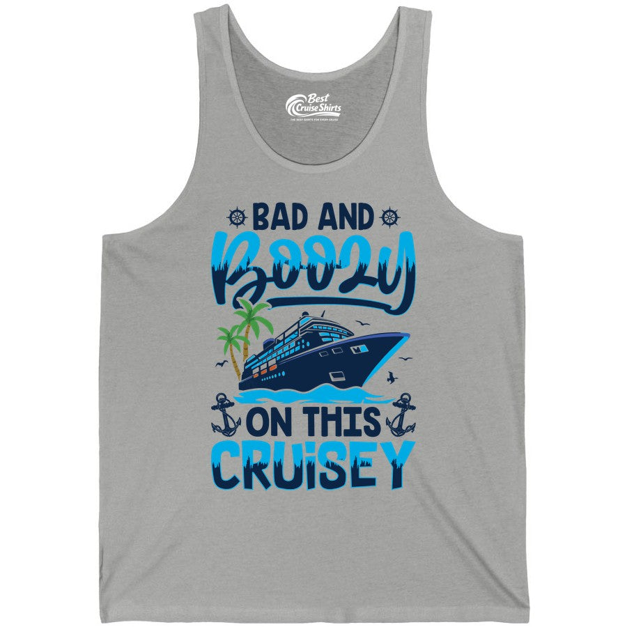 Bad and Boozy Cruise Shirt - Funny Cruise Party Apparel for Adults (Tank Top) in Athletic Heather - Bad and Boozy Cruise Shirt - Funny Tropical Drinking Party Tee