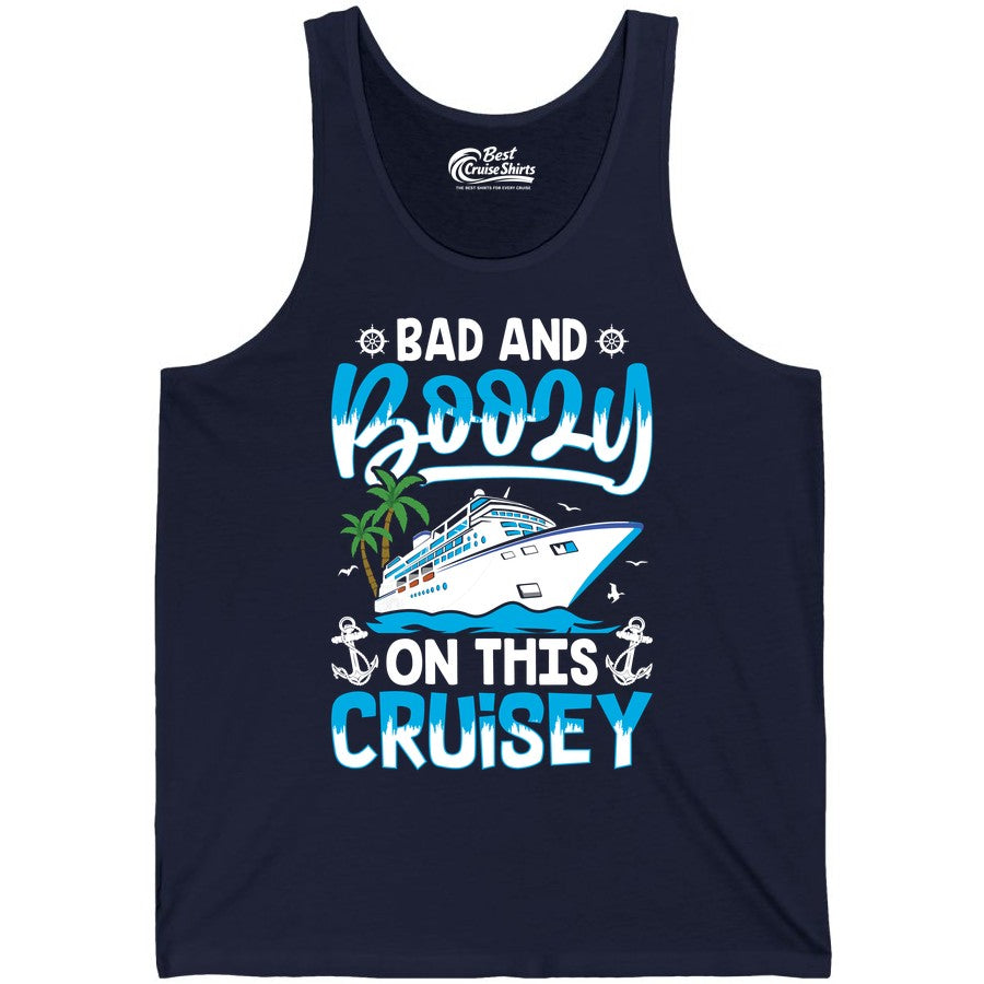 Bad and Boozy Cruise Shirt - Funny Cruise Party Apparel for Adults (Tank Top) in Navy - Bad and Boozy Cruise Shirt - Funny Tropical Drinking Party Tee