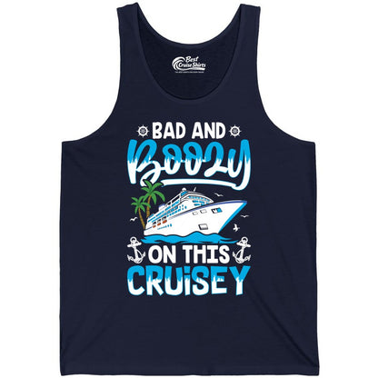 Bad and Boozy Cruise Shirt - Funny Cruise Party Apparel for Adults (Tank Top) in Navy - Bad and Boozy Cruise Shirt - Funny Tropical Drinking Party Tee