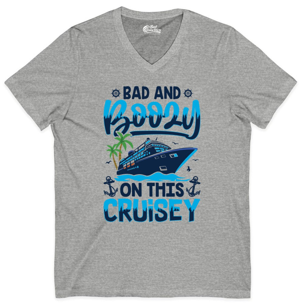 Bad and Boozy Cruise Shirt - Funny Cruise Party Apparel for Adults (V-Neck) in Athletic Heather - Bad and Boozy Cruise Shirt - Funny Tropical Drinking Party Tee