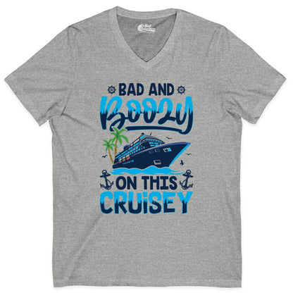 Bad and Boozy Cruise Shirt - Funny Cruise Party Apparel for Adults (V-Neck) in Athletic Heather - Bad and Boozy Cruise Shirt - Funny Tropical Drinking Party Tee