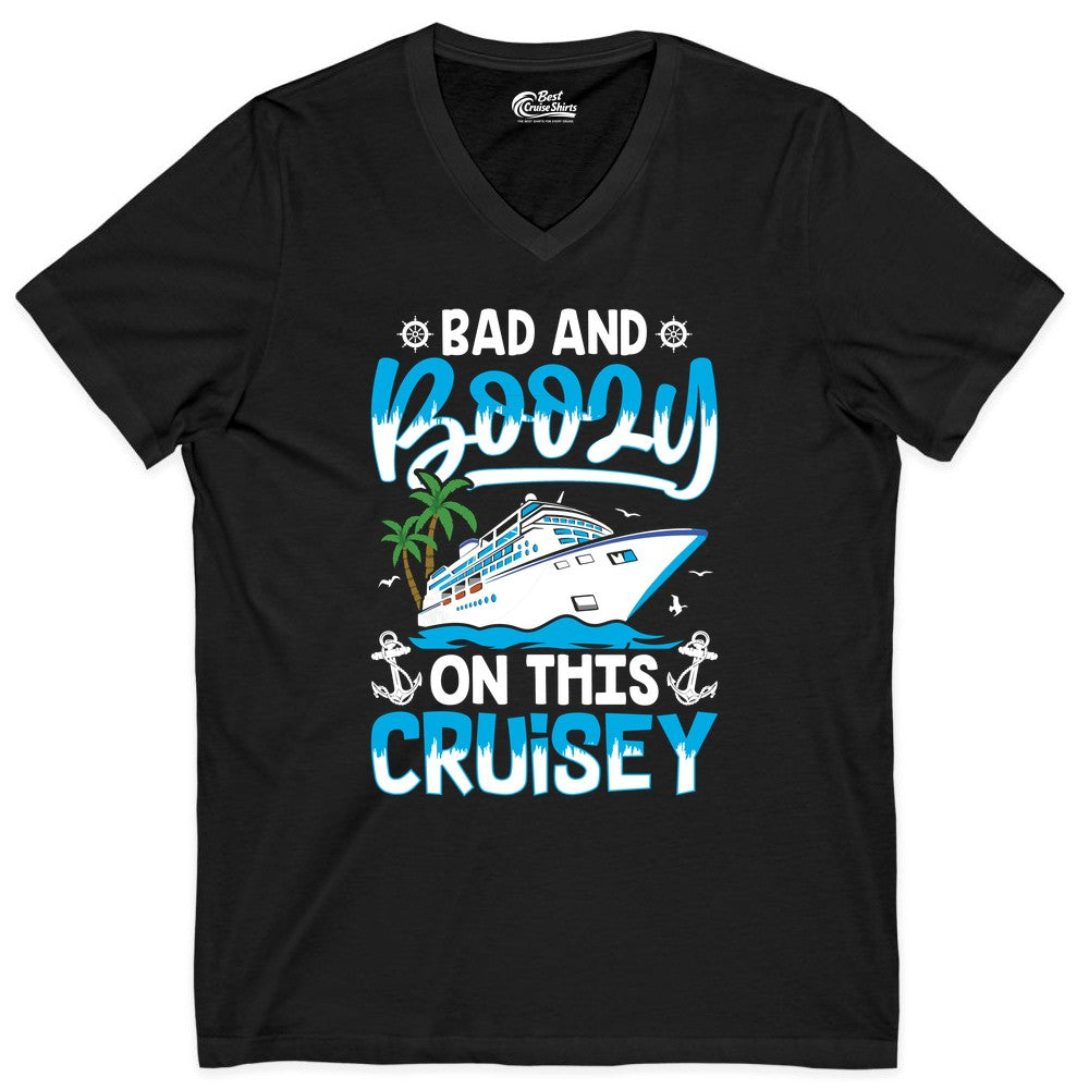 Bad and Boozy Cruise Shirt - Funny Cruise Party Apparel for Adults (V-Neck) in Black - Bad and Boozy Cruise Shirt - Funny Tropical Drinking Party Tee
