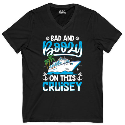 Bad and Boozy Cruise Shirt - Funny Cruise Party Apparel for Adults (V-Neck) in Black - Bad and Boozy Cruise Shirt - Funny Tropical Drinking Party Tee