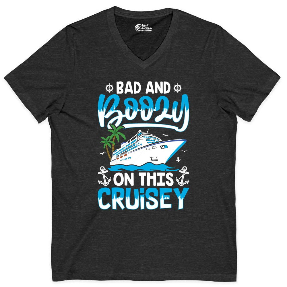 Bad and Boozy Cruise Shirt - Funny Cruise Party Apparel for Adults (V-Neck) in Dark Grey Heather - Bad and Boozy Cruise Shirt - Funny Tropical Drinking Party Tee