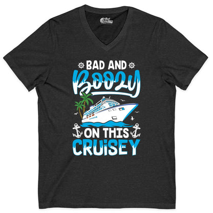 Bad and Boozy Cruise Shirt - Funny Cruise Party Apparel for Adults (V-Neck) in Dark Grey Heather - Bad and Boozy Cruise Shirt - Funny Tropical Drinking Party Tee